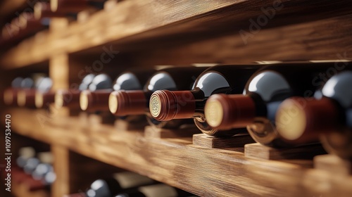 Wine cellar interior showcasing rows of vintage wine bottles on wooden shelves soft shadows add depth