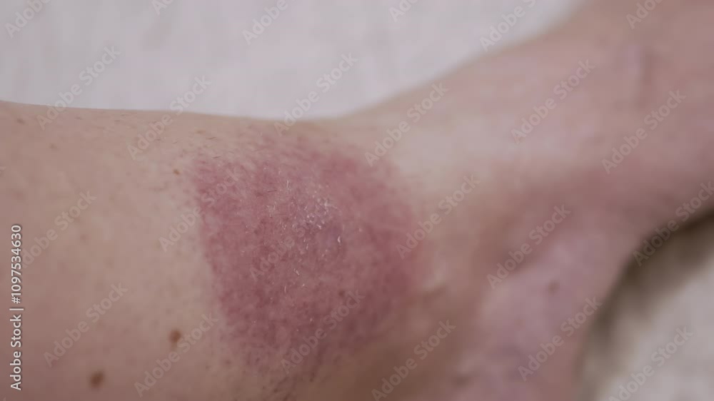 Close up, Formation of a Large Red Spot on the Skin from a Tick Bite. Irritation, itching, swelling, infection, redness around skin of leg. Lyme disease. Insect, mosquito, encephalitis tick bite. Close up, Formation of a Large Red Spot on the Skin from a Tick Bite. Irritation, itching, swelling, infection, redness around skin of leg. Lyme disease. Insect, mosquito, encephalitis tick bite.