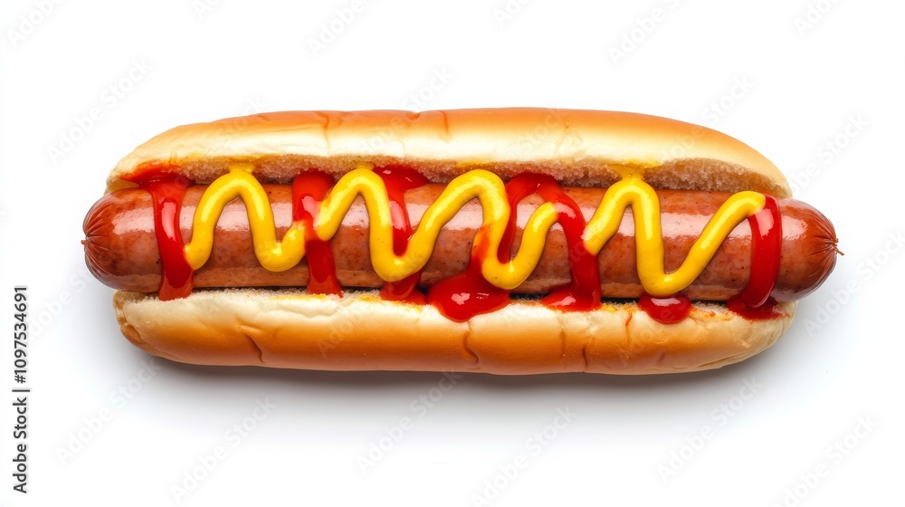 A perfectly cooked hotdog with a toasted bun, juicy sausage, and a drizzle of ketchup and mustard A perfectly cooked hotdog with a toasted bun, juicy sausage, and a drizzle of ketchup and mustard