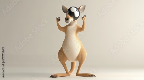 A cartoon kangaroo wearing a soccer ball as a helmet, celebrating in a playful pose. photo