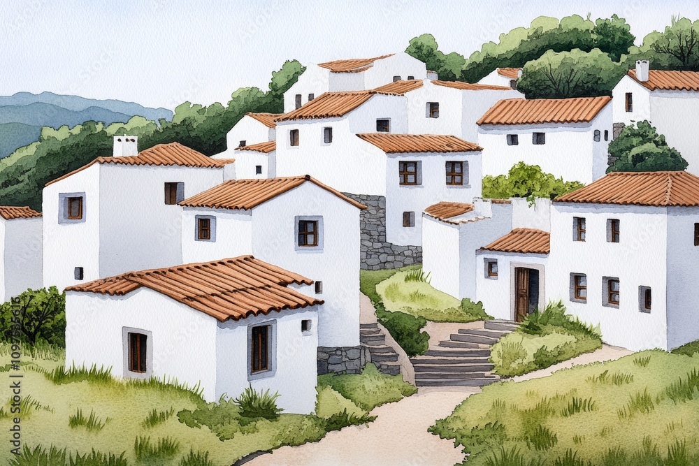 Obraz premium A watercolor depiction of an Azorean village nestled in green hills, with whitewashed houses and terracotta roofs