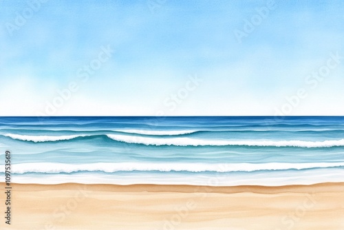 A watercolor painting of azure skies blending into ocean waves, with soft gradients and subtle brushstrokes