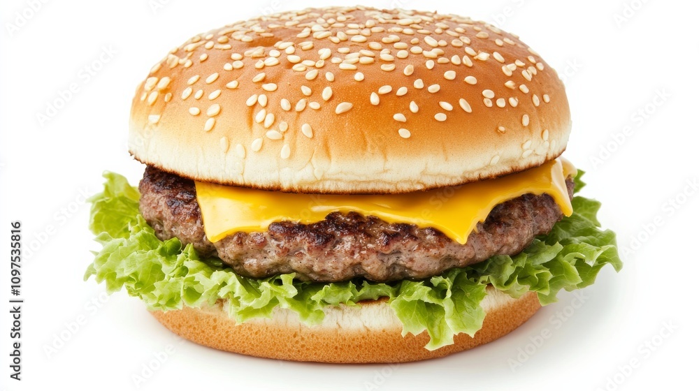A perfectly grilled cheeseburger with a sesame seed bun, melted cheese, juicy beef patty A perfectly grilled cheeseburger with a sesame seed bun, melted cheese, juicy beef patty
