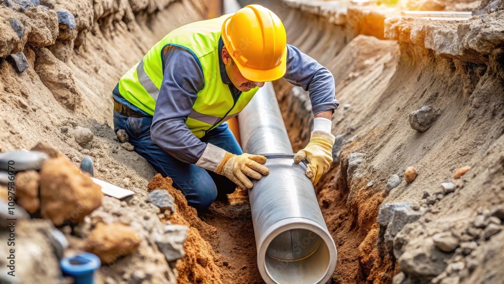 A construction worker in a safety vest carefully seals a large pipe in a trench during a utility installation project A construction worker in a safety vest carefully seals a large pipe in a trench during a utility installation project