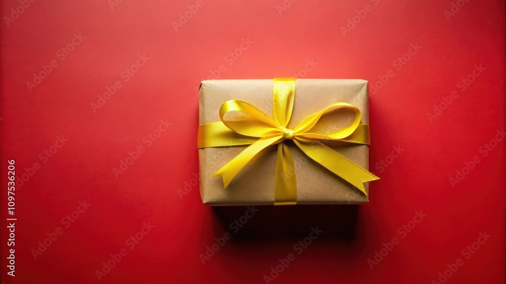 A single gift box tied with a vibrant yellow ribbon rests on a rich red background A single gift box tied with a vibrant yellow ribbon rests on a rich red background