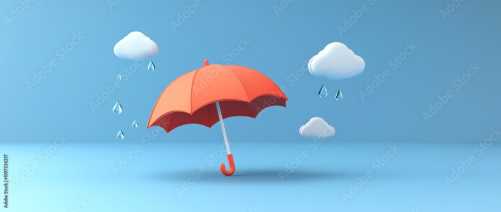 A red umbrella surrounded by clouds and raindrops on a blue background. A red umbrella surrounded by clouds and raindrops on a blue background.