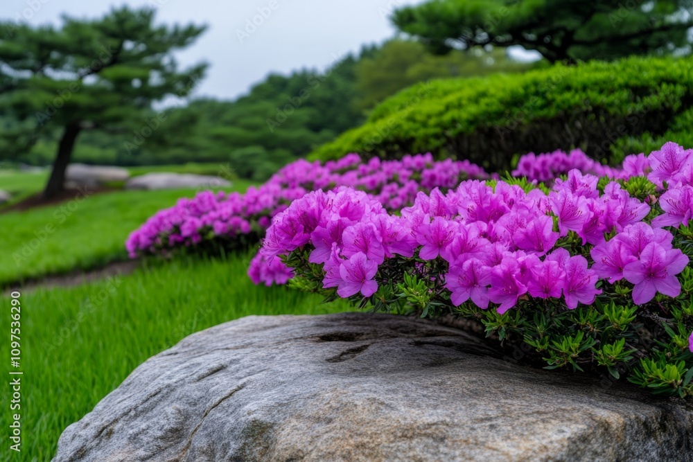 An expansive garden with azaleas of every shade, from soft pink to deep magenta, cascading in layers An expansive garden with azaleas of every shade, from soft pink to deep magenta, cascading in layers