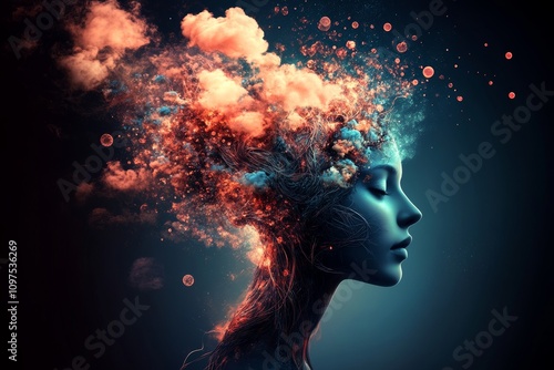 Surreal Woman Profile with Vines and Clouds Imagery of Meditation and Concentration