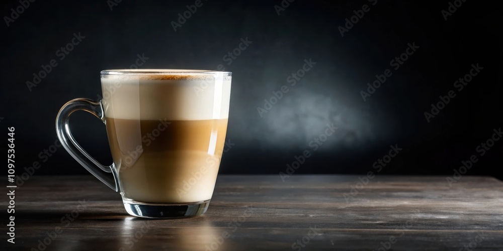 A delicious layered coffee drink in a clear glass mug sits on a dark wood table A delicious layered coffee drink in a clear glass mug sits on a dark wood table
