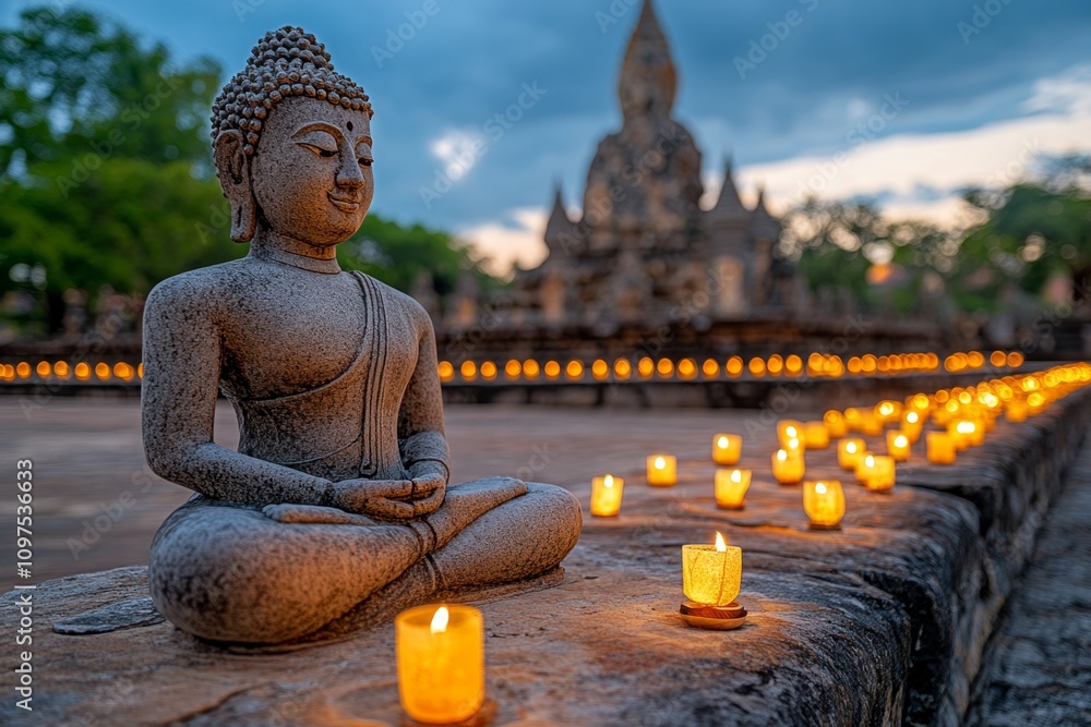 Fototapeta premium Worshippers kneeling in prayer during a festival at Ayutthaya temples, with lanterns and incense smoke filling the air