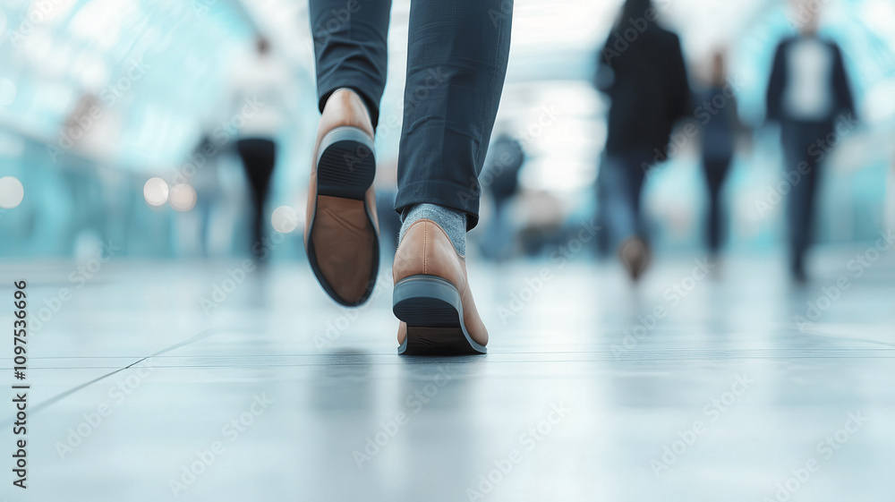 Closeup of people s feet and shoes walking quickly on a busy sidewalk, motion blur, concept of urban hustle Closeup of people s feet and shoes walking quickly on a busy sidewalk, motion blur, concept of urban hustle