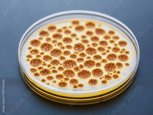 Closeup of bacterial colony growing in a petri dish, soft shadows, highlighting scientific research and discovery photo