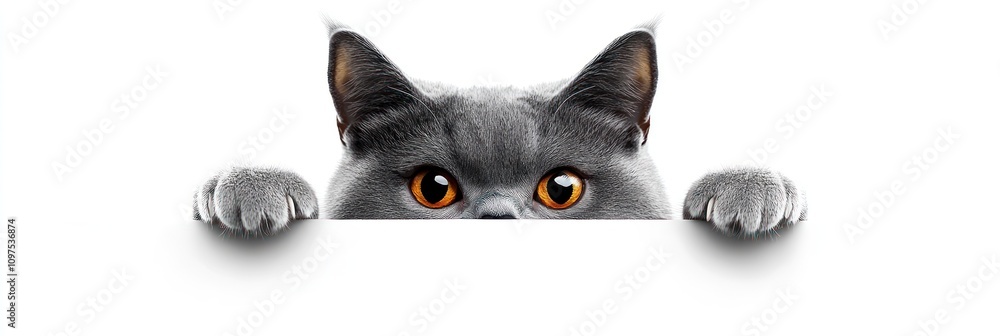 Fototapeta premium A curious gray cat peeks over a white surface, showcasing its expressive eyes and paws.