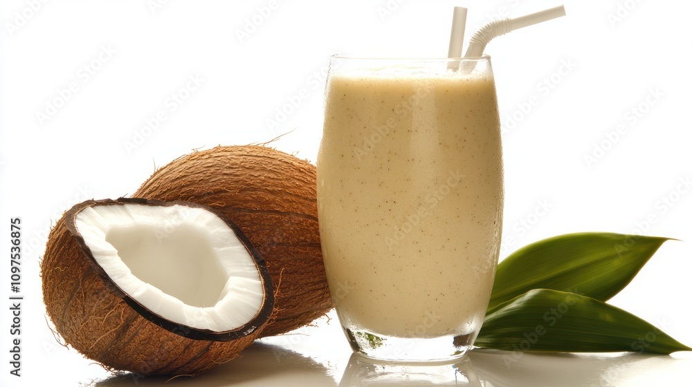 A frosty glass of coconut smoothie beside a fresh green coconut on a white studio background, with soft lighting highlighting their textures. A frosty glass of coconut smoothie beside a fresh green coconut on a white studio background, with soft lighting highlighting their textures.