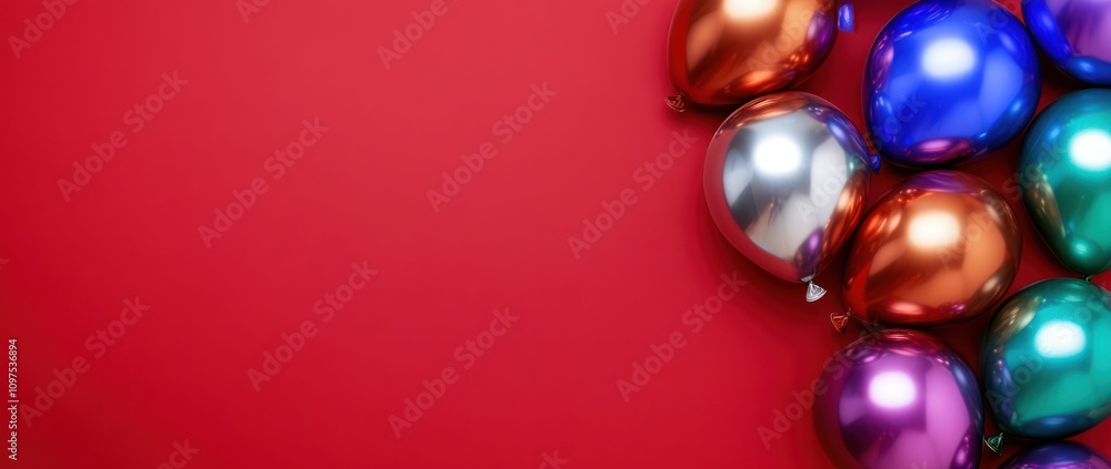 Fototapeta premium Colorful balloons arranged on a vibrant red background, ideal for celebrations.