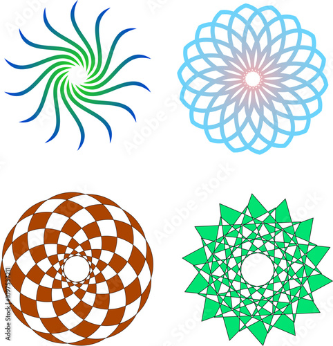 Spirograph patterns on a transparent background, vector illustration. Templates for advertising courses in geometry, mathematics and other exact sciences