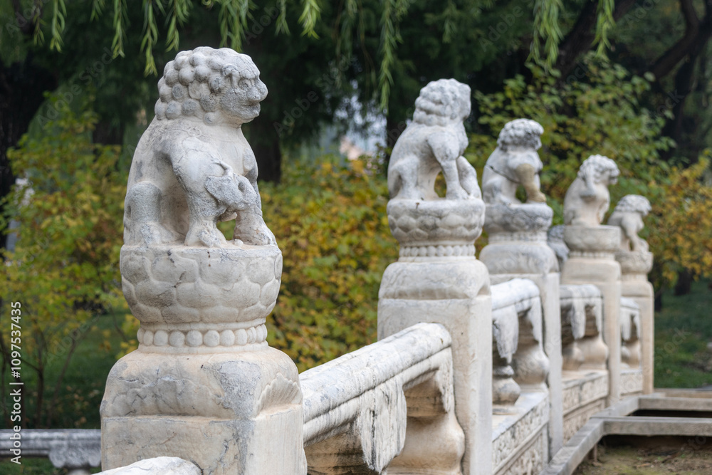 Stone lion sculptures on the bridge inside the Forbidden city, Stone lion sculptures on the bridge inside the Forbidden city,