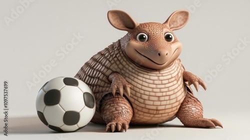 A cheerful cartoon armadillo sits beside a soccer ball, evoking a playful sports theme. photo