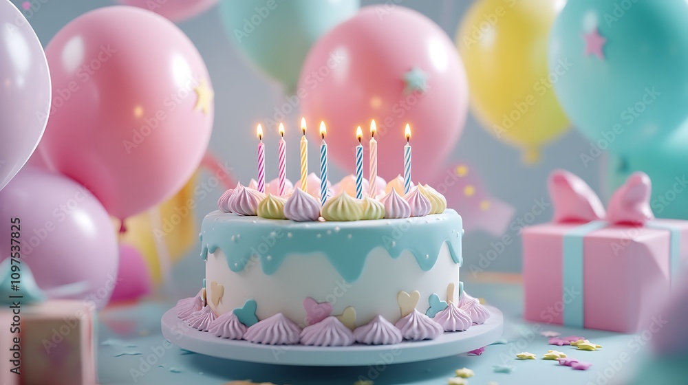A charming scene with a baby's first birthday cake, encircled by balloons and presents, and adorned with candles and sweet, pastel-colored icing A charming scene with a baby's first birthday cake, encircled by balloons and presents, and adorned with candles and sweet, pastel-colored icing