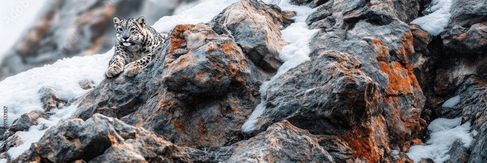 A snow leopard resting on rocky terrain, surrounded by snow and rugged landscape. A snow leopard resting on rocky terrain, surrounded by snow and rugged landscape.