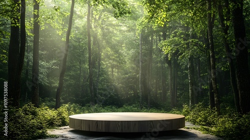 28. A deep forest path with a smooth wooden podium in a secluded glade, the forest canopy casting a soft green light, allowing ample space for a product showcase photo