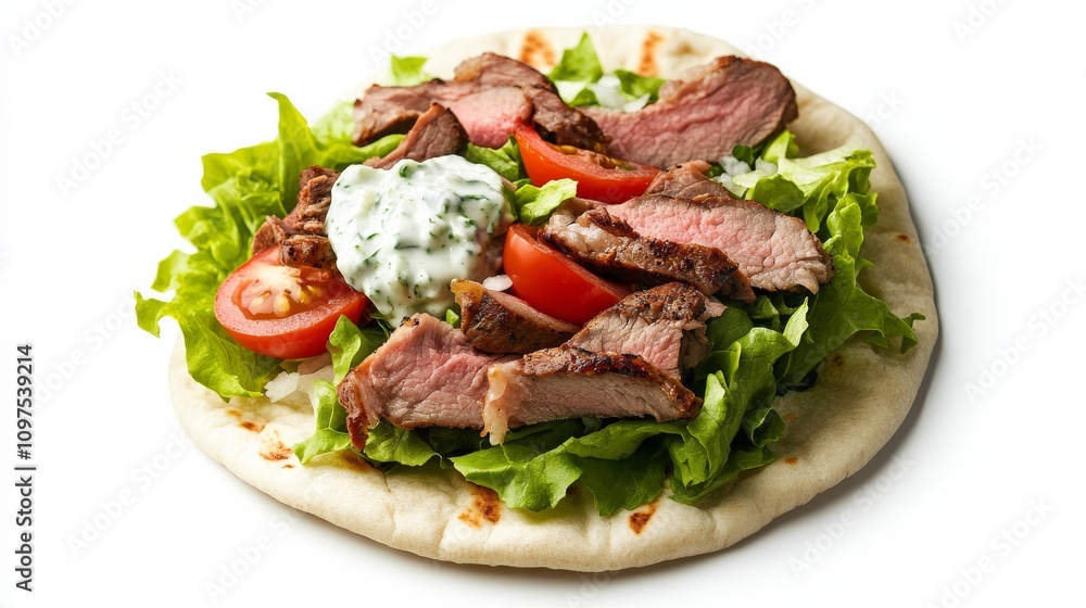 A perfectly grilled lamb gyro with a soft pita, tender lamb slices, fresh lettuce A perfectly grilled lamb gyro with a soft pita, tender lamb slices, fresh lettuce