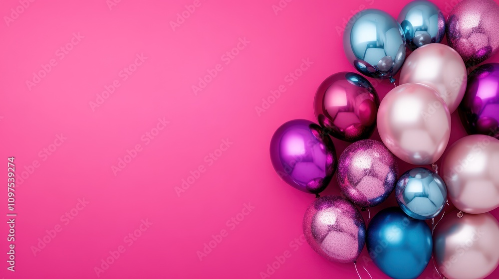 Colorful balloons arranged on a pink background, ideal for celebrations or parties. Colorful balloons arranged on a pink background, ideal for celebrations or parties.