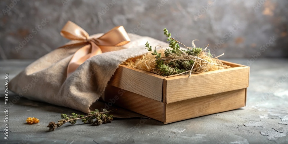 Rustic wooden box with organic herbs, nestled in natural filler, elegantly presented with a beige fabric wrap and satin ribbon bow Rustic wooden box with organic herbs, nestled in natural filler, elegantly presented with a beige fabric wrap and satin ribbon bow