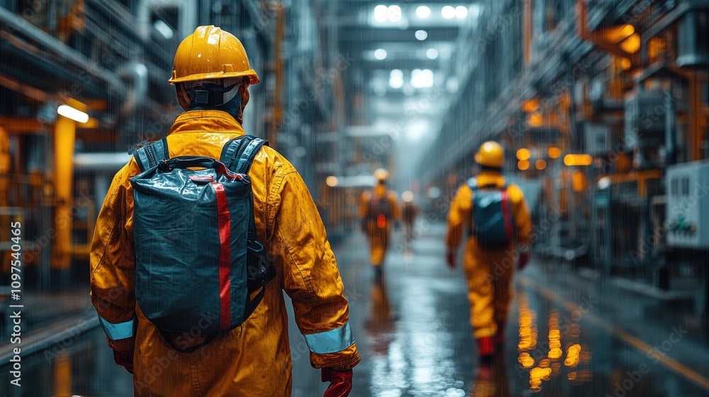 Industrial Worker Walking Through a Wet Factory Industrial Worker Walking Through a Wet Factory