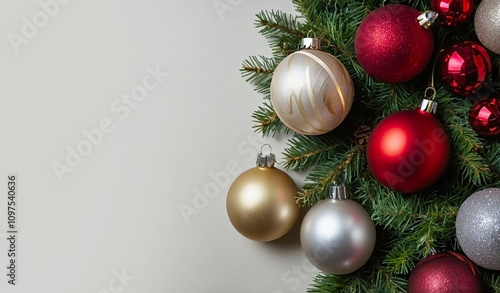 Des boules de noël avec un sapin vue de dessus sur un fond gris clair avec des décorations de noël évoquant les fêtes de fin d'année et la célébration de noël