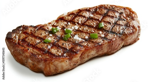 A perfectly grilled New York strip steak with grill marks, juicy texture, and a sprinkle of salt and pepper