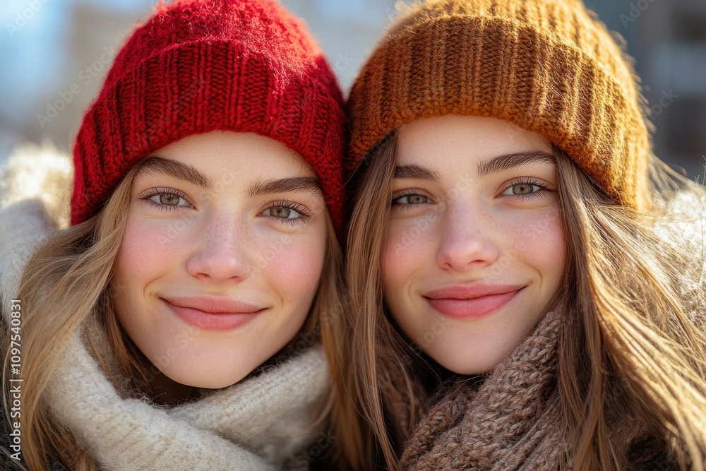 Cheerful Young Women Smiling in Warm Winter Hats and Scarves on a Bright Sunny Day in a Cozy Outdoor Setting Cheerful Young Women Smiling in Warm Winter Hats and Scarves on a Bright Sunny Day in a Cozy Outdoor Setting