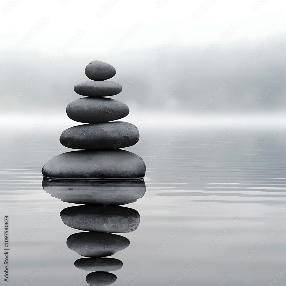 Serene Stacked Stones Reflecting on Tranquil Water with Soft Misty Background for Peaceful Meditation, Relaxation, and Spa Themes Serene Stacked Stones Reflecting on Tranquil Water with Soft Misty Background for Peaceful Meditation, Relaxation, and Spa Themes