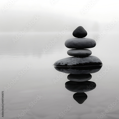 Serene Stacked Stones on Calm Water Surface in Misty Environment, Reflective Image Depicting Tranquility and Balance in Nature's Embrace photo