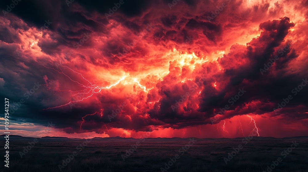 Fototapeta premium Intense red thunderstorm clouds glowing with electric veins above an open plain, surreal chaos,