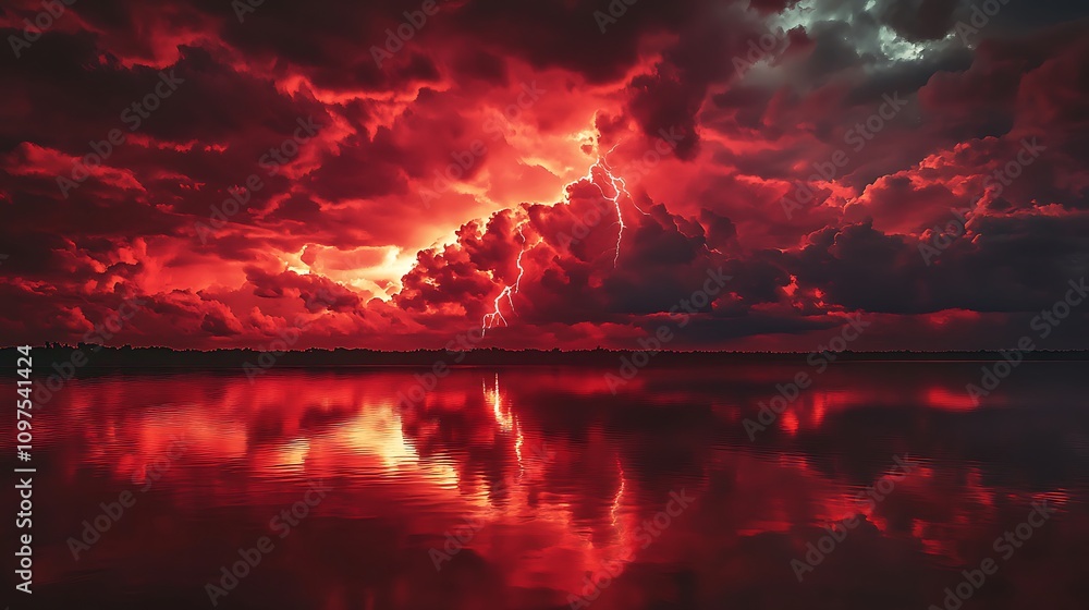 Fototapeta premium Dynamic red clouds with arcs of lightning across a quiet, darkened lake, eerie calmness,
