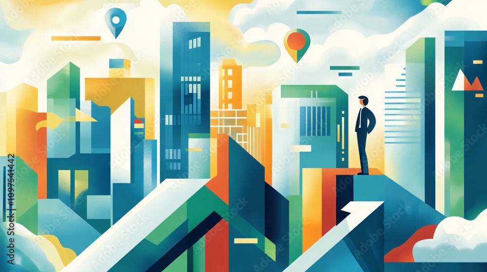 Fototapeta premium Business and economy illustration. Business strategies for a changing global economic landscape. The connection between trade, finance, and economic health.