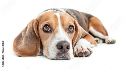 A beagle lying down, looking curiously at the camera with a soft expression.