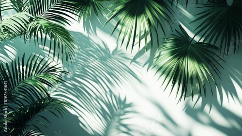 Green Palm Leaves Casting Shadows on White Wall Tropical Atmosphere