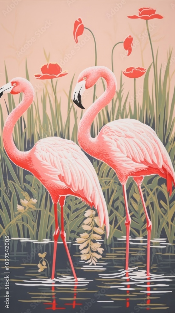 Fototapeta premium Gold pink silver flamingoes drawing animal nature.