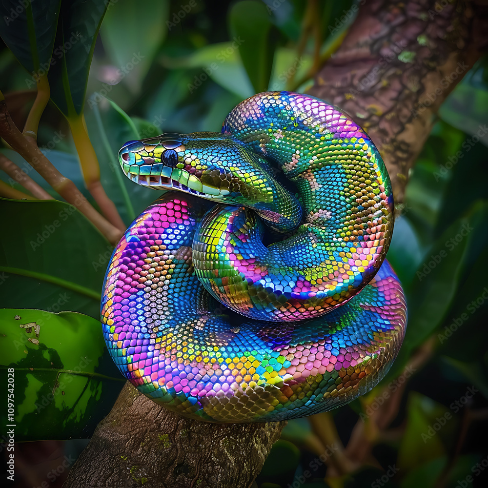 Fototapeta premium Vibrant Iridescent Snake Coiled on Tree Branch Surrounded by Lush Green Foliage in a Tropical Setting
