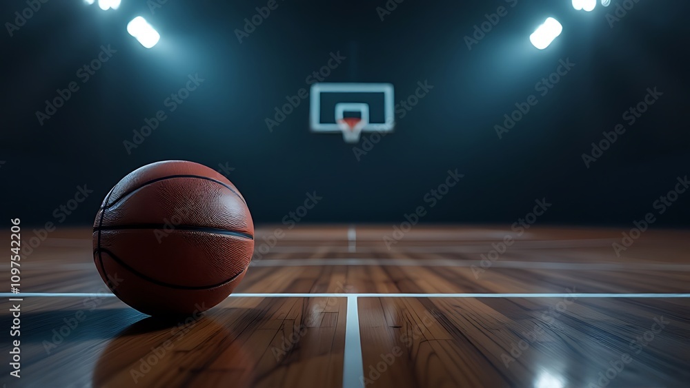Basketball on a Dark Court Under Spotlight Basketball on a Dark Court Under Spotlight