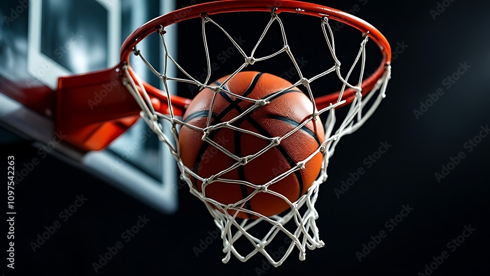 A basketball is in the air, about to go through the net A basketball is in the air, about to go through the net