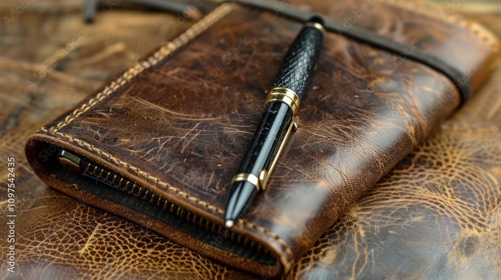 Notebook and pen on leather table. Leather surface has a luxurious texture. Notebook and pen on leather table. Leather surface has a luxurious texture.