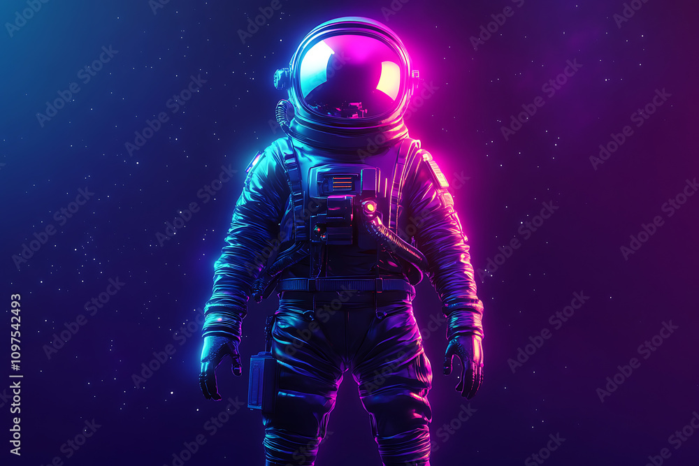 Fototapeta premium A vibrant astronaut in a futuristic design, illuminated by neon colors in a cosmic setting.