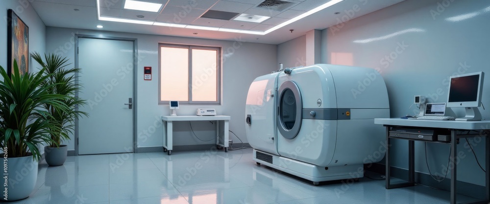 A white room with a couch and a white machine. The machine is a CT scanner. There are potted plants in the room A white room with a couch and a white machine. The machine is a CT scanner. There are potted plants in the room