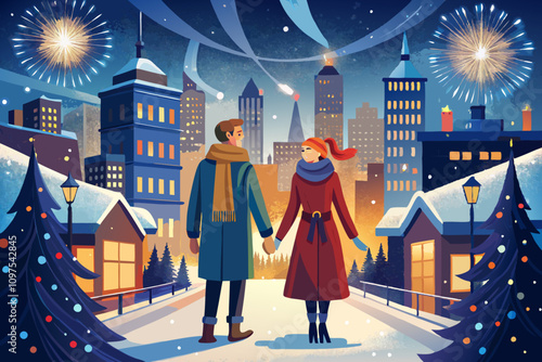 Romantic Couple Enjoying Fireworks in Festive Winter Cityscape