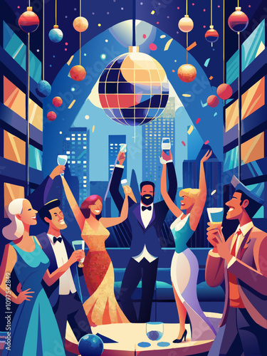 Elegant Partygoers Toasting at a Vibrant Nighttime Celebration