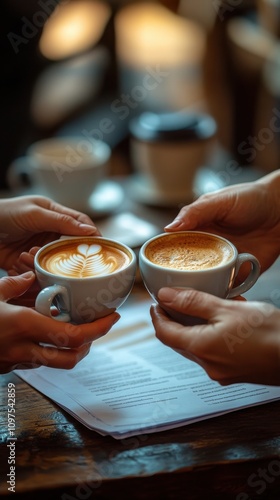 Two Hands Holding Coffee Cups with Beautiful Latte Art Against a Cozy Café Background, Perfect for Illustrating Friendship and Coffee Culture