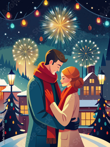 Winter Romance: Couple Embracing Under Fireworks in Snowy Village